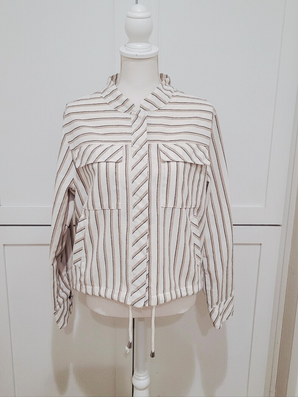 Cavalini Striped Cotton Blend Snap-Front Jacket in Cream & Brown | Size Large